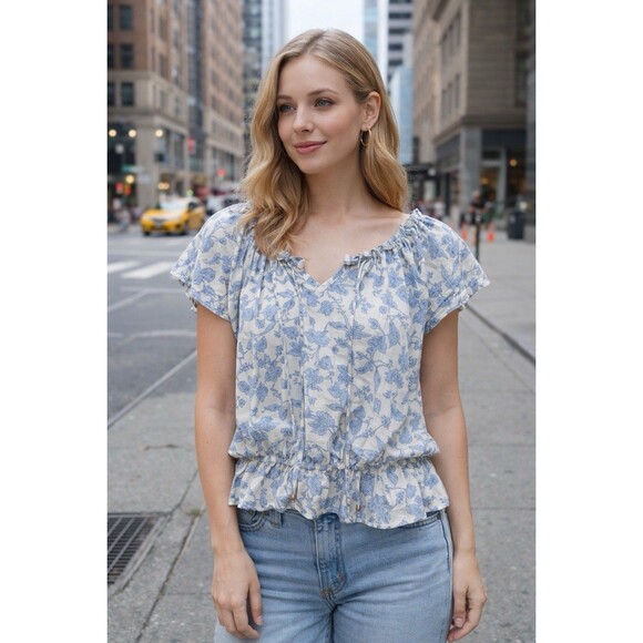 Philosophy Tops - Philosophy Peasant Top Women’s Large  Flutter Sleeves Blue White Toile Floral